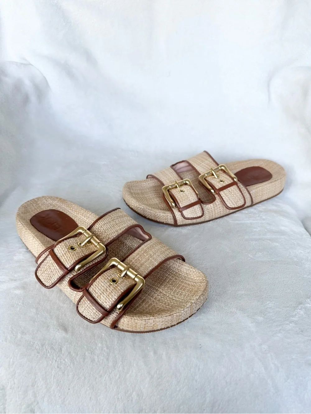 J.Crew Raffia Double Strap Buckle Slide Sandals Leather Womens 6.5Preppy  Resort